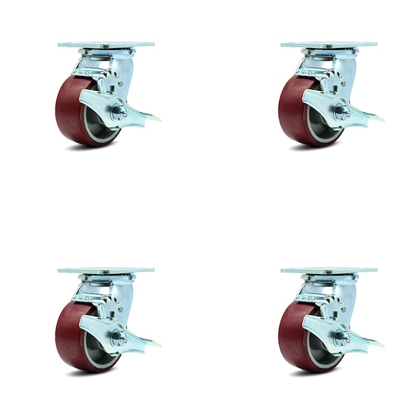 4 Inch Poly on Aluminum Swivel Caster Set with Ball Bearings and Brakes SCC